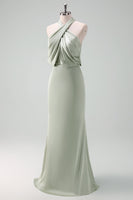 Laden Sie das Bild in den Galerie-Viewer, Dusty Sage Etui Neckholder Satin Langes Brautjungfernkleid aus Satin