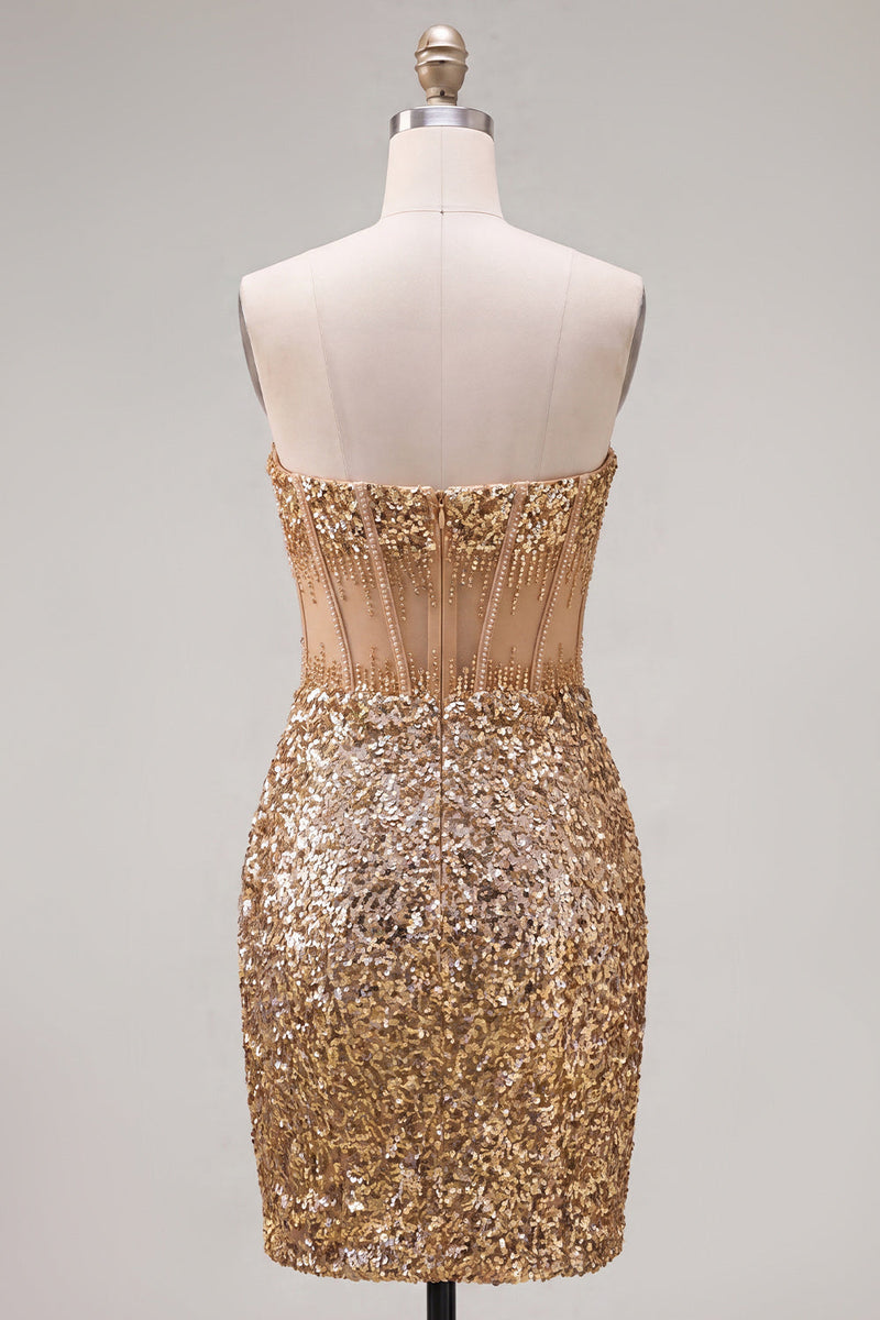 Laden Sie das Bild in den Galerie-Viewer, Glitzerndes goldenes Bodycon, Sweetheart, transparentes Korsett, Pailletten, Homecoming-Kleid