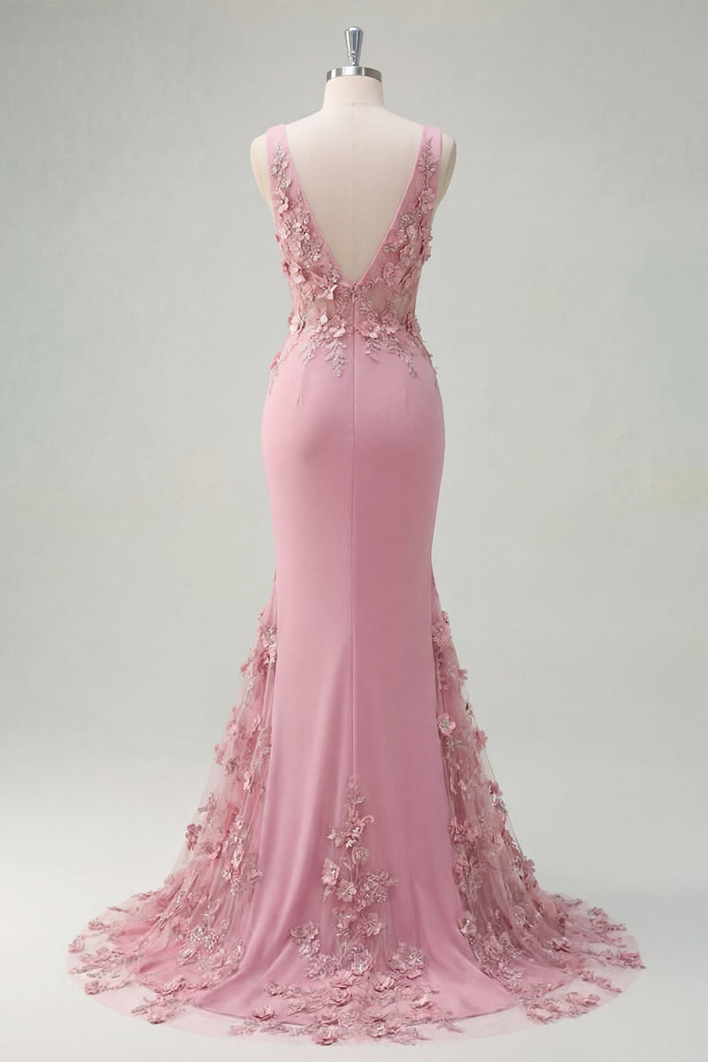 Laden Sie das Bild in den Galerie-Viewer, Meerjungfrauen-Taro V-Ausschnitt, gerafftes langes Abschlussballkleid mit appliquierten 3D-Blumen