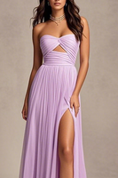 Laden Sie das Bild in den Galerie-Viewer, Lavendel Trägerloses Plissiertes Bodenlanges Ballkleid in A-Linie mit Schlitz