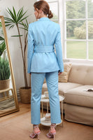 Laden Sie das Bild in den Galerie-Viewer, Blaue 2-teilige Damenanzüge mit Spitzrevers und Gürtel