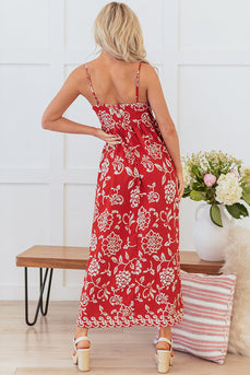 Rotes Sommerkleid mit Blumenmuster und Spaghettiträgern in A-Linie