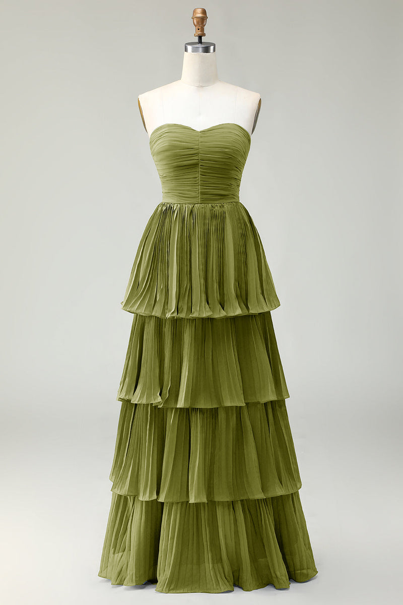 Laden Sie das Bild in den Galerie-Viewer, Blush Rosa Trägerloses Plissiertes Gestuftes Langes Brautjungfernkleid in A-Linie