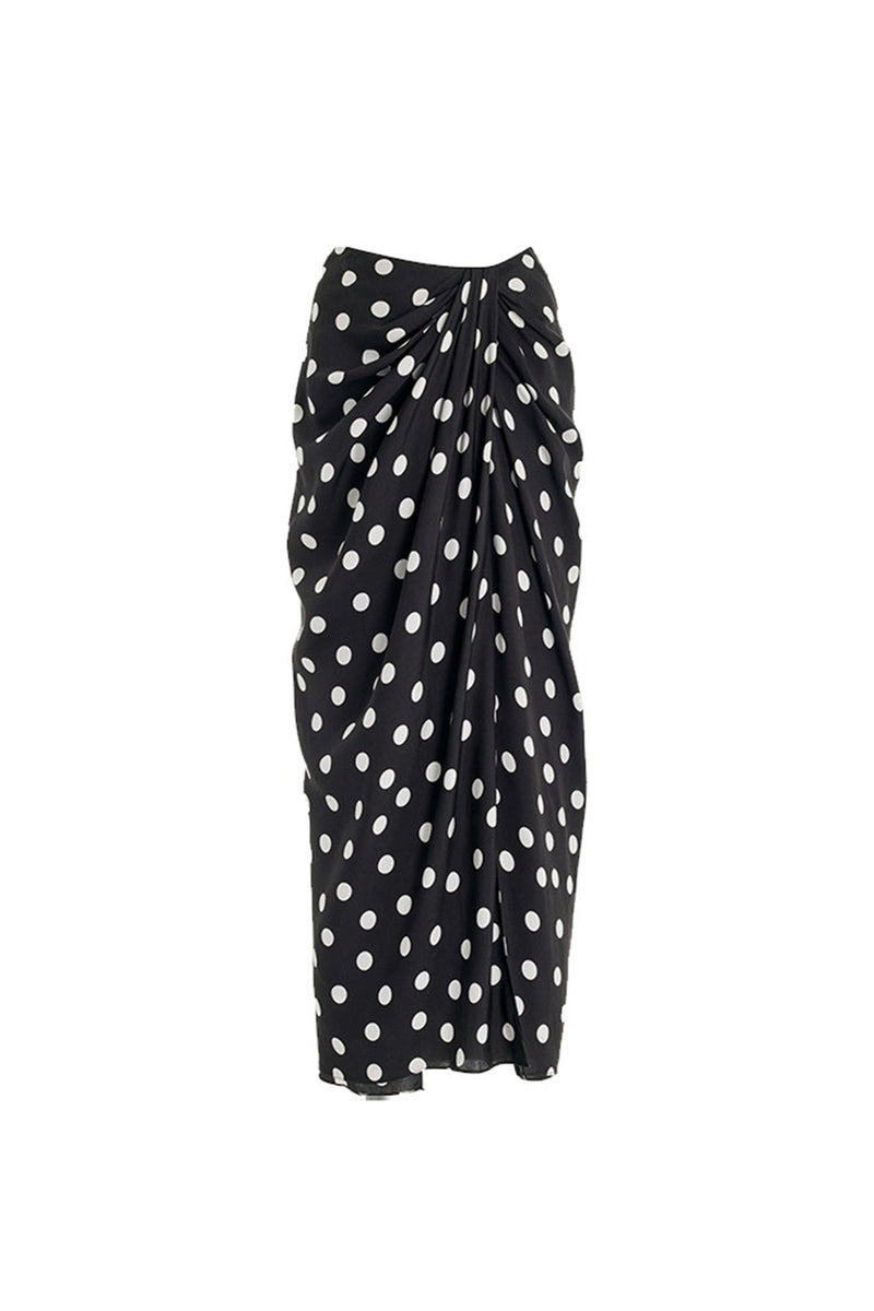 Laden Sie das Bild in den Galerie-Viewer, Schulterfreier Zweiteiliger Schwarzer Badeanzug mit weißen Punkten und Deckrock