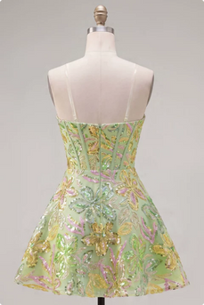 A-Linie Grünes Korsett Pailletten Kurzes Abendkleid
