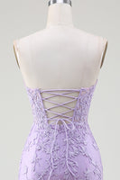 Laden Sie das Bild in den Galerie-Viewer, Helles Lila Korsett Herzausschnitt Langes Spitze Meerjungfrau Ballkleid mit Schlitz