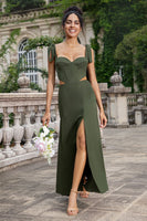 Laden Sie das Bild in den Galerie-Viewer, Olive A Linie Spaghettiträger Bodenlanges Brautjungfernkleid mit Schlitz