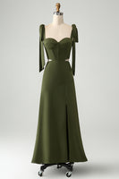 Laden Sie das Bild in den Galerie-Viewer, Olive A Linie Spaghettiträger Langes Hochzeitsgastkleid mit Schlitz