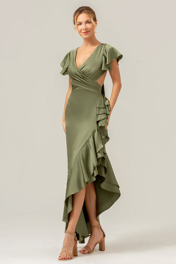 Olive A-Linie Satin Brautjungfernkleid mit V-Ausschnitt und Rüschenschlitz