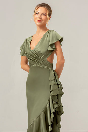 Olive A-Linie Satin Brautjungfernkleid mit V-Ausschnitt und Rüschenschlitz