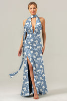 Laden Sie das Bild in den Galerie-Viewer, Salbei Weiße Blumen V-Ausschnitt Rückenfreies langes Brautjungfernkleid mit Schlitz