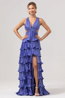 Laden Sie das Bild in den Galerie-Viewer, Lila A-Linie V-Ausschnitt Plissiertes gestuftes Brautjungfernkleid mit Spitze und Schlitz