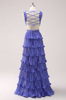 Laden Sie das Bild in den Galerie-Viewer, Lila A-Linie Gestuftes langes Brautjungfernkleid mit tiefem V-Ausschnitt und Schlitz