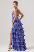 Laden Sie das Bild in den Galerie-Viewer, Lila A-Linie V-Ausschnitt Plissiertes gestuftes Brautjungfernkleid mit Spitze und Schlitz