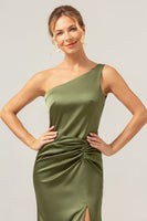 Laden Sie das Bild in den Galerie-Viewer, Olive Meerjungfrauen Satin rückenfreies Brautjungfernkleid mit einer Schulter