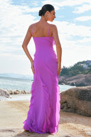 Laden Sie das Bild in den Galerie-Viewer, Tahiti Spaghettiträger Chiffon Langes Brautjungfernkleid mit Rüschen