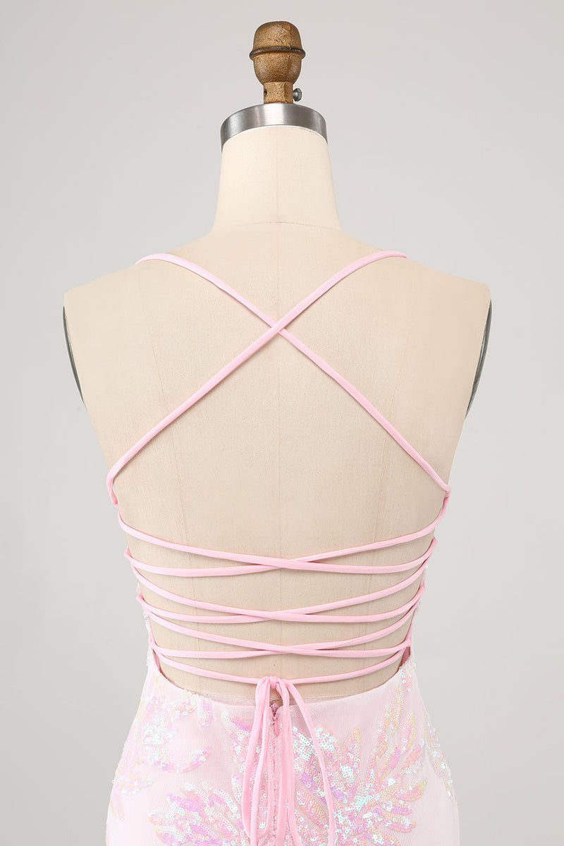 Laden Sie das Bild in den Galerie-Viewer, Rosa Spaghettiträger Bodycon Abiballkleid mit Schnürung