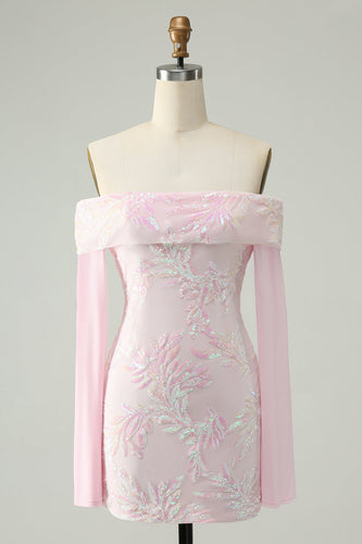 Glitzerndes rosafarbenes, figurbetontes schulterfreies Pailletten-Homecoming-Kleid mit langen Ärmeln