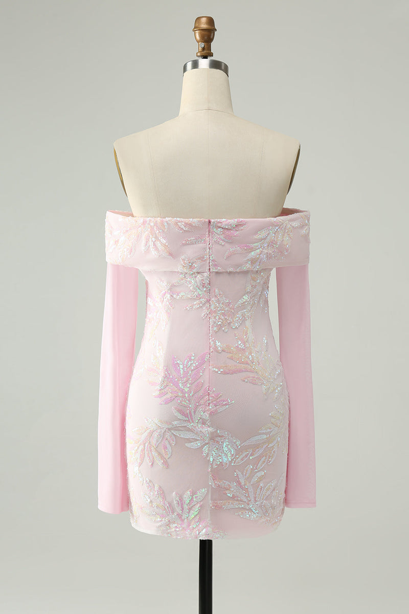 Laden Sie das Bild in den Galerie-Viewer, Glitzerndes Rosa figurbetontes schulterfreies Pailletten Abiballkleid mit langen Ärmeln