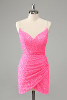 Laden Sie das Bild in den Galerie-Viewer, Glitter Hot Pink Bodycon Spaghettiträger Pailletten Kurzes Abiballkleid