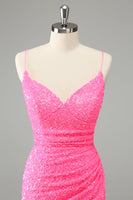 Laden Sie das Bild in den Galerie-Viewer, Glitter Hot Pink Bodycon Spaghettiträger Pailletten Kurzes Abiballkleid