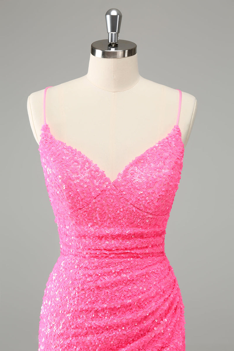 Laden Sie das Bild in den Galerie-Viewer, Glitter Hot Pink Bodycon Spaghettiträger Pailletten Kurzes Abiballkleid