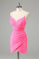 Laden Sie das Bild in den Galerie-Viewer, Glitter Hot Pink Bodycon Spaghettiträger Pailletten Kurzes Abiballkleid