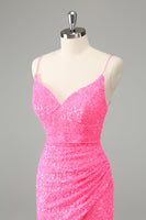 Laden Sie das Bild in den Galerie-Viewer, Glitter Hot Pink Bodycon Spaghettiträger Pailletten Kurzes Abiballkleid