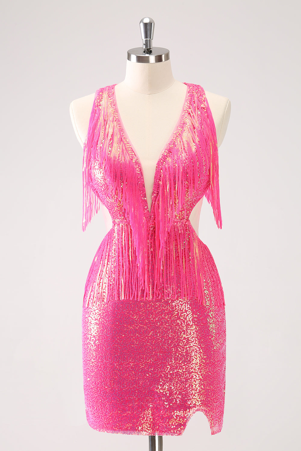 Glitzerndes fuchsia Rückenfreies enges Abiballkleid mit V-Ausschnitt und Quaste