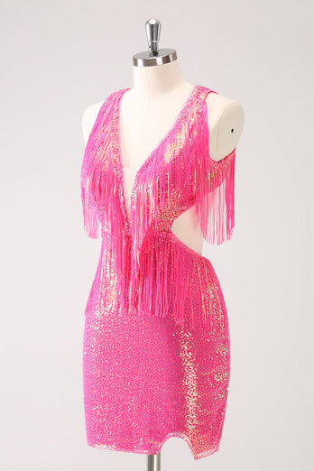 Glitzerndes fuchsia Rückenfreies enges Abiballkleid mit V-Ausschnitt und Quaste