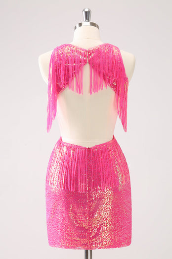 Glitzerndes fuchsia Rückenfreies enges Abiballkleid mit V-Ausschnitt und Quaste