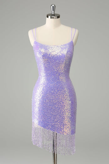 Glitzerndes lila Bodycon Pailletten Kurzes Abiballkleid mit Quasten