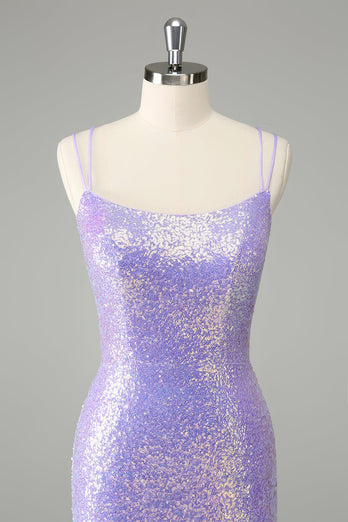 Glitzerndes lila Bodycon Pailletten Kurzes Abiballkleid mit Quasten