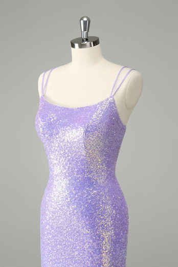 Glitzerndes lila Bodycon Pailletten Kurzes Abiballkleid mit Quasten