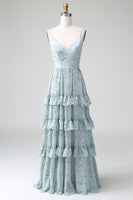 Laden Sie das Bild in den Galerie-Viewer, Graugrünes Spaghettiträger langes Brautjungfernkleid mit Rüschen