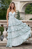 Laden Sie das Bild in den Galerie-Viewer, Graugrünes A-Linie langes Brautjungfernkleid mit Spaghettiträgern und Rüschen