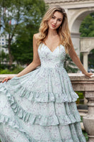 Laden Sie das Bild in den Galerie-Viewer, Graugrünes A-Linie langes Brautjungfernkleid mit Spaghettiträgern und Rüschen