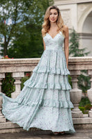 Laden Sie das Bild in den Galerie-Viewer, Graugrünes A-Linie langes Brautjungfernkleid mit Spaghettiträgern und Rüschen