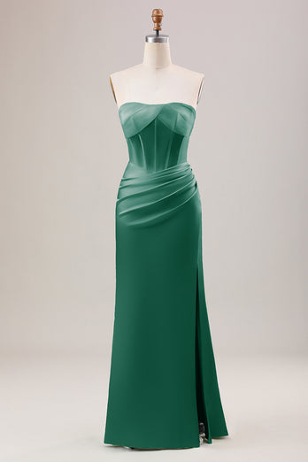 Grünes Etui korsett trägerloses langes Brautjungfernkleid mit Schlitz