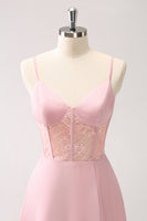 Laden Sie das Bild in den Galerie-Viewer, Grüne Spaghettiträger A-Linie Satin Langes Korsett Brautjungfernkleid mit Schlitz