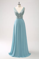 Laden Sie das Bild in den Galerie-Viewer, Grau Grün V-Ausschnitt A-Linie Pailletten Chiffon Langes Brautjungfernkleid