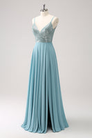 Laden Sie das Bild in den Galerie-Viewer, Grau Grün A-Linie Spaghettiträger Chiffon Langes Brautjungfernkleid mit Schlitz