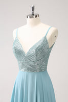 Laden Sie das Bild in den Galerie-Viewer, Grau Grün A-Linie Spaghettiträger Chiffon Langes Brautjungfernkleid mit Schlitz