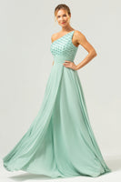 Laden Sie das Bild in den Galerie-Viewer, Glitzerndes grünes A-Linie Brautjungfernkleid aus Chiffon mit einer Schulter