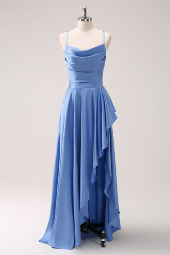 Blaues asymmetrisches Satin Brautjungfernkleid mit Wasserfallausschnitt und Schlitz