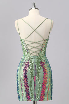 Grünes Korsett Spaghettiträger Cocktailkleid mit Pailletten