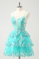 Laden Sie das Bild in den Galerie-Viewer, Glitzerndes A-Linie grünes gestuftes Spaghetti Träger Cocktailkleid mit Pailletten