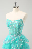 Laden Sie das Bild in den Galerie-Viewer, Niedliches glitzerndes grünes A-Linie trägerloses Pailletten Korsett Gestuftes Korsett Cocktailkleid