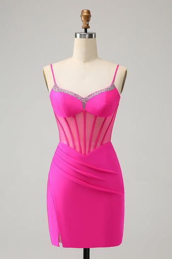 Glitter Fuchsia Perlen Enges Korsett Kurzes Abiballkleid mit Schlitz