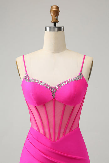 Glitter Fuchsia Perlen Enges Korsett Kurzes Abiballkleid mit Schlitz